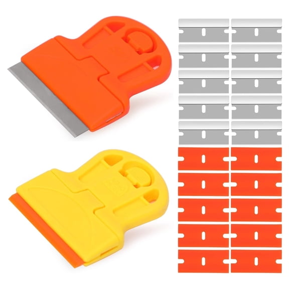 2 Pack Razor Blade Scraper Plastic Razor Blade Scraper Scraper Tool with Extra 10 Plastic Razor Blades and 10 Metal Blades for Adhesive Remover Removing Labels Stickers Taping on Glass Windows