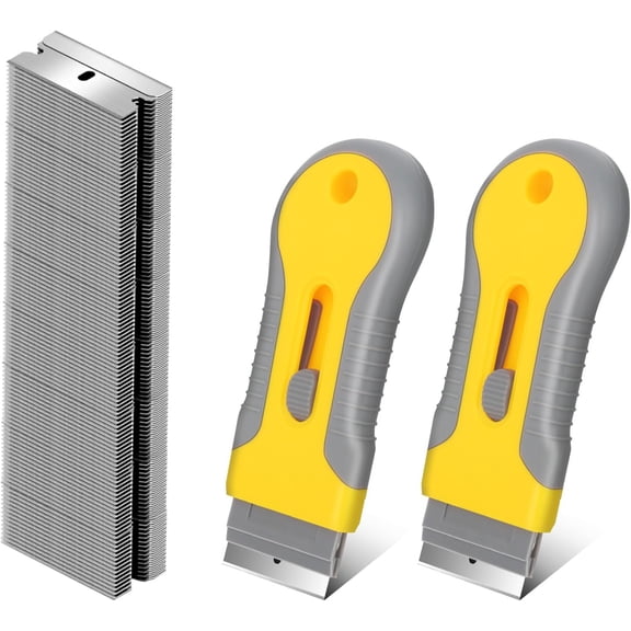 -2 Pack Razor Blade Scraper with 100 Extra carbon steel Blades, Scraper Tool for Cleaning Window, Paint, Cooktop, Oven, Glass Stove Top Scraper
