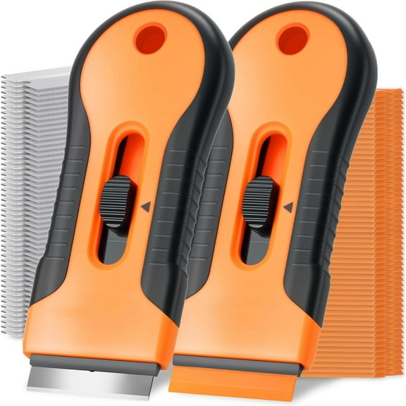 2 Pack Razor Scraper Set with 80PCS Blades (30 Metal + 50 Plastic) - Heavy Duty Cleaning Scraper Tool for Glass, Cooktop, Paint, Tile, Stickers , Multi-Surface Scraper for Kitchen, Car, Home