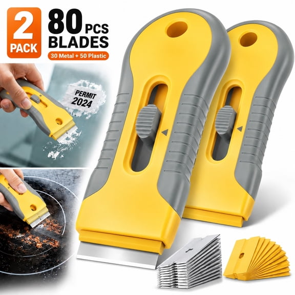 2 Pack Razor Scraper Set with 80PCS Blades (30 Metal + 50 Plastic) - Heavy Duty Cleaning Scraper Tool for Glass, Cooktop, Paint, Tile, Stickers , Multi-Surface Scraper for Kitchen, Car, Home