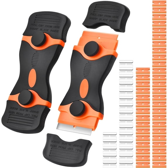 2 Pack Razor Scraper Tool, 2-in-1 Razor Scraper With 60 count Razor 20 count Metal and 40 count Plastic Razor , Cleaning Scraper Tool, Cooktop, , Glass Scraper, Decal, Sticker, Label