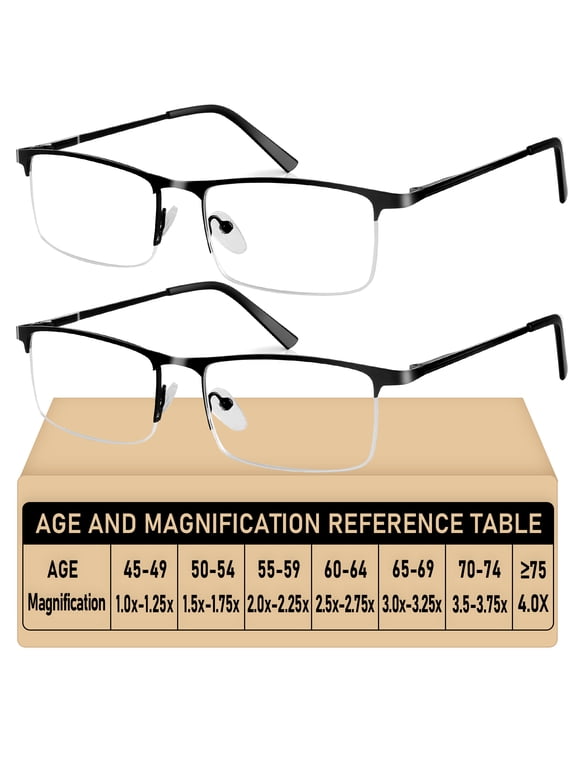2 Pack Reading Glasses for Men, Lightweight Metal Half Frame Blue Light Blocking Computer Eyeglasses,Spring Hinges Anti Eyestrain/Glare/UV Readers(Black 2.0)