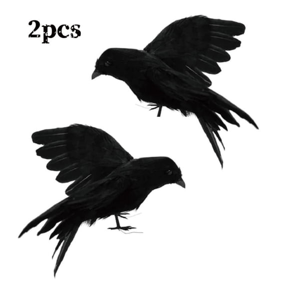 2 Pack Realistic Black Feathered Crow Halloween Prop, Hanging Flying Raven Decor for Yard Garden Indoor Outdoor