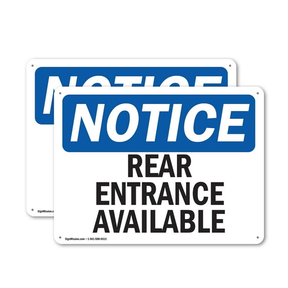 (2 Pack) Rear Entrance Available OSHA Notice Sign 10 Inch X 7 Inch Plastic Sign, Weather Resistant, UV Protected for Workplace, Business, and Construction Site, Made in the USA