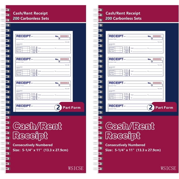 2 Pack Receipt Books with Carbon Copies, Rent Receipt Book, 2-Part Carbonless, 5.24" x 11 Spiral Bound, (White and Yellow), 200 Sets Per Book