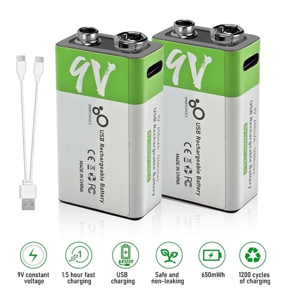 2 Pack Rechargeable Batteries 9 Volt 600mAh Batteries