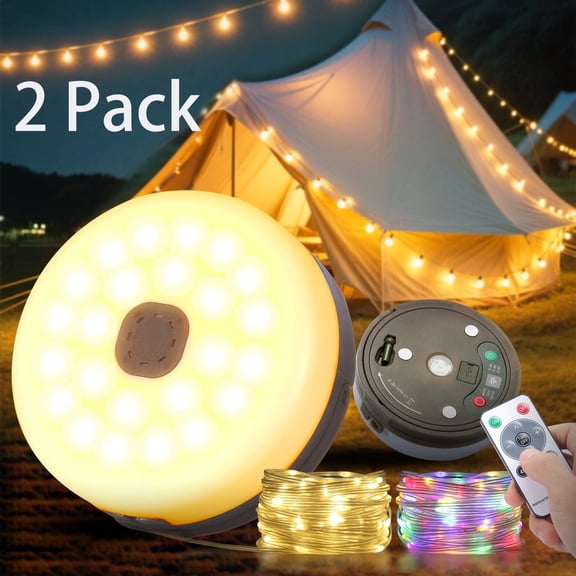 2 Pack Rechargeable Camping String Lights 32.8ft Outdoor LED Lights with RGB & Warm White