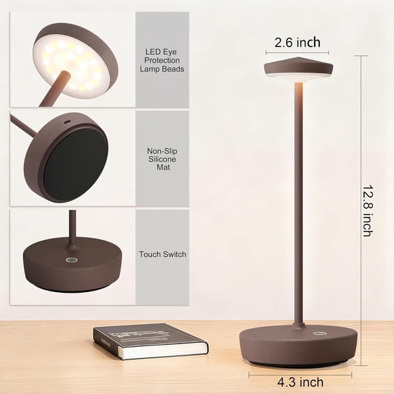 2 Pack Rechargeable Cordless Table Lamps, 5000mAh LED Portable Table Light with 3 Color Stepless Dimming, Battery Powered Waterproof Table Lamp for Outdoor/Restaurant/Home/Dinner (Rust)
