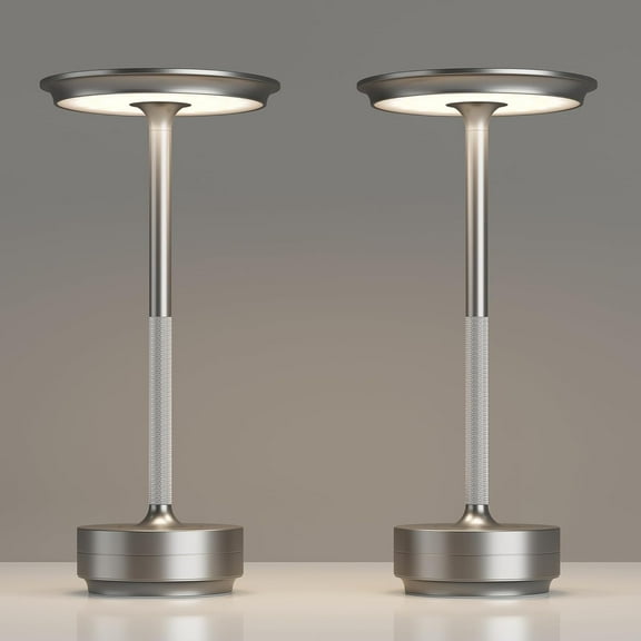2 Pack Rechargeable Cordless Table Lamps, Portable 5000mAh Battery Table Light, 3 Color Stepless Dimming LED Table Light with Memory Function, for Outdoor/Dinner/Patio/Restaurant.(Silver)