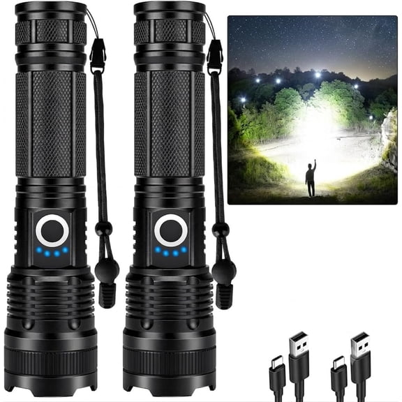 2 Pack Rechargeable Flashlight, 990,000 High Lumens LED Flashlight with 5 Modes, IPX7 , Adjustable Focus, Handheld Flash Light for Camping, Hiking, , Use