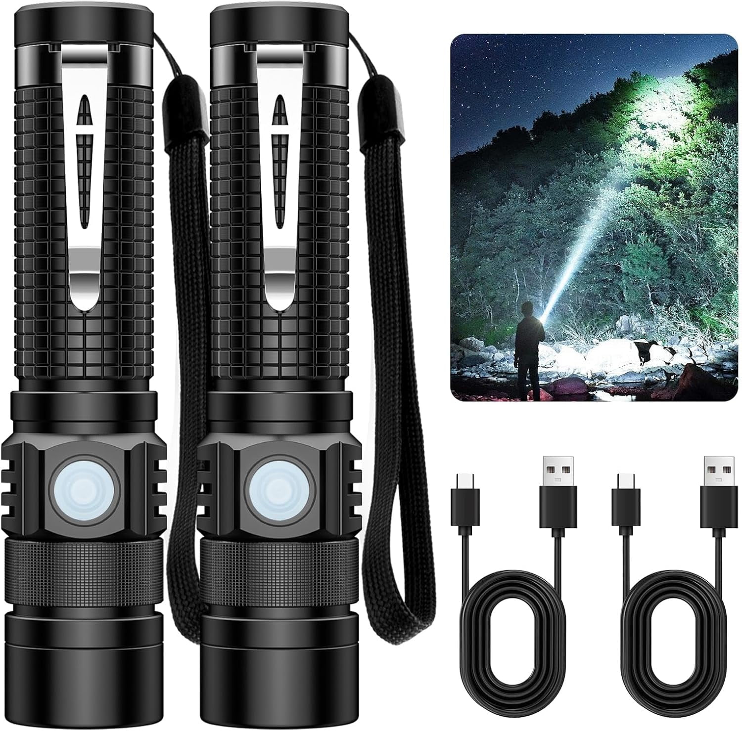 2-Pack Rechargeable Flashlight, Super Bright 1500 Lumen LED Flashlight with USB-C Fast Charging (2.5Hr Full Charge), waterproof IPX5, Adjustable Focus, Pocket-Sized EDC Light for Camping, Emergency,