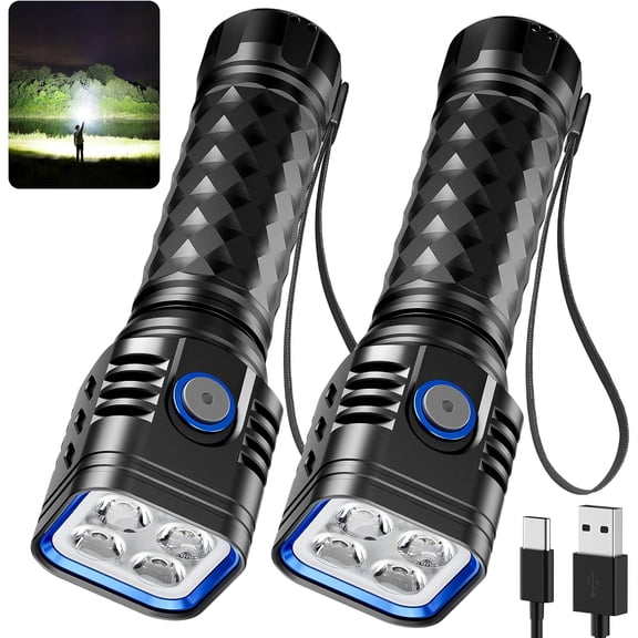 2 Pack Rechargeable Flashlights High Lumens 2000mAh Battery Powered Super Bright LED Flashlight USB C Handheld Metal Pocket Flashlight Small EDC Tactical Flash Light for Home Camping Fishing Hiking