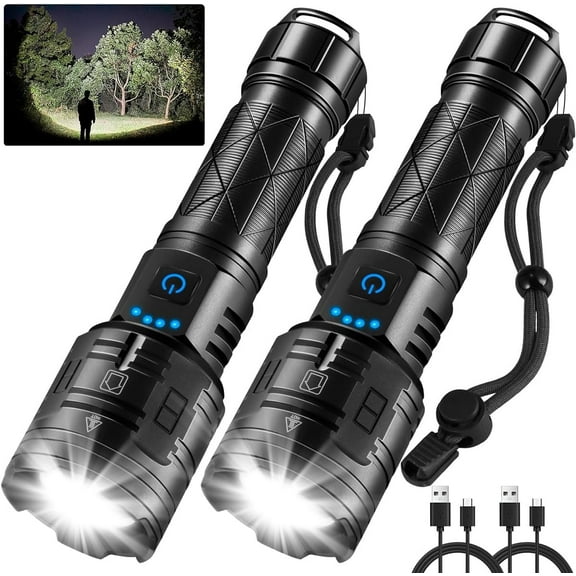2 Pack Rechargeable Flashlights High Lumens, 990000LM Powerful Tactical Flashlights, 5 Modes LED Flashlight Adjustable, Brightest Flashlight Waterproof, Handheld Flash Light for Home, Camping, Hiking