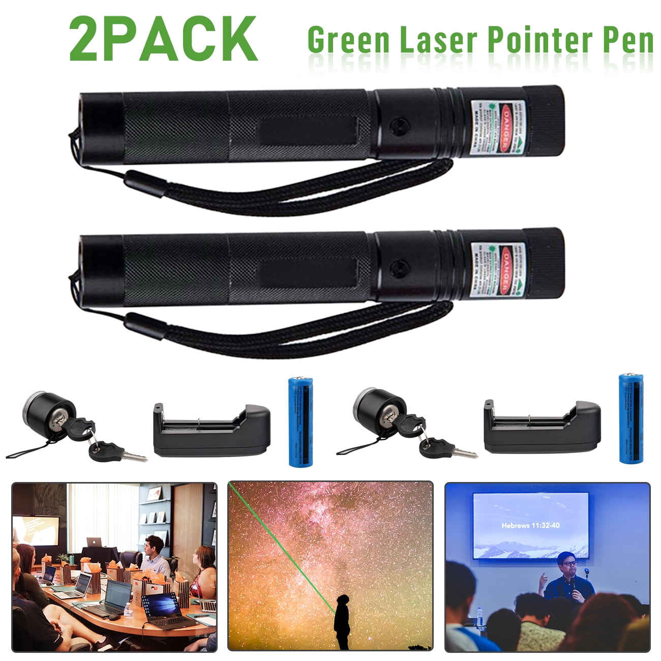 2 Pack Rechargeable Green Laser Pointer 532nm Visible Beam Light 1mW Class 1 Adjustable Focus Aerometal 14cm 18650 Battery Smart Charger Presentation Teaching Astronomy Outdoor Camping Hiking Signals