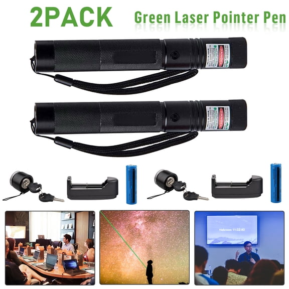 2 Pack Rechargeable Green Laser Pointer 532nm Visible Beam Light 1mW Class 1 Adjustable Focus Aerometal 14cm 18650 Battery Smart Charger Presentation Teaching Astronomy Outdoor Camping Hiking Signals