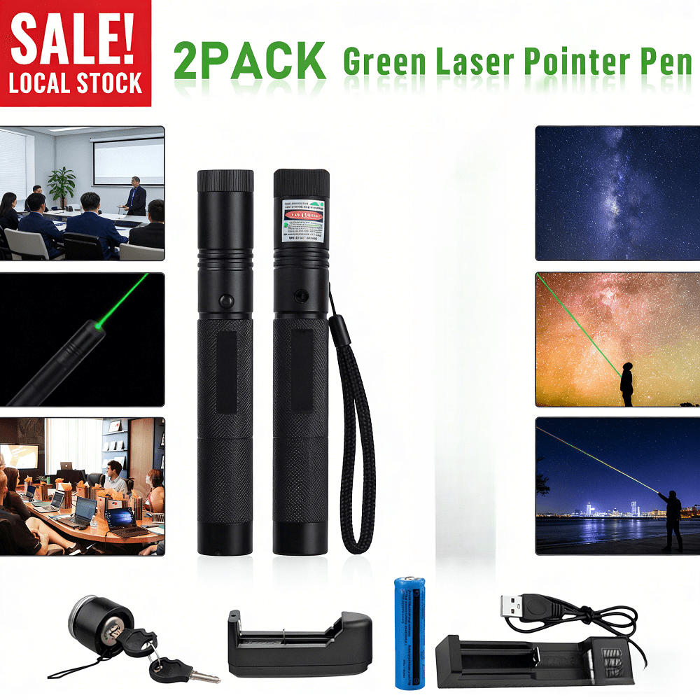 2 Pack Rechargeable Green Laser Pointer Battery Charger Set Adjustable Focus Aerometal Body Power Teaching Presentation Astronomy Stargazing Indoor Outdoor Durable Construction Visible Light