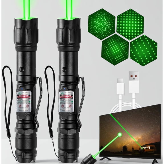 2 Pack Rechargeable Green Pointer with Cap, Long Range for Presentations and Outdoor Use