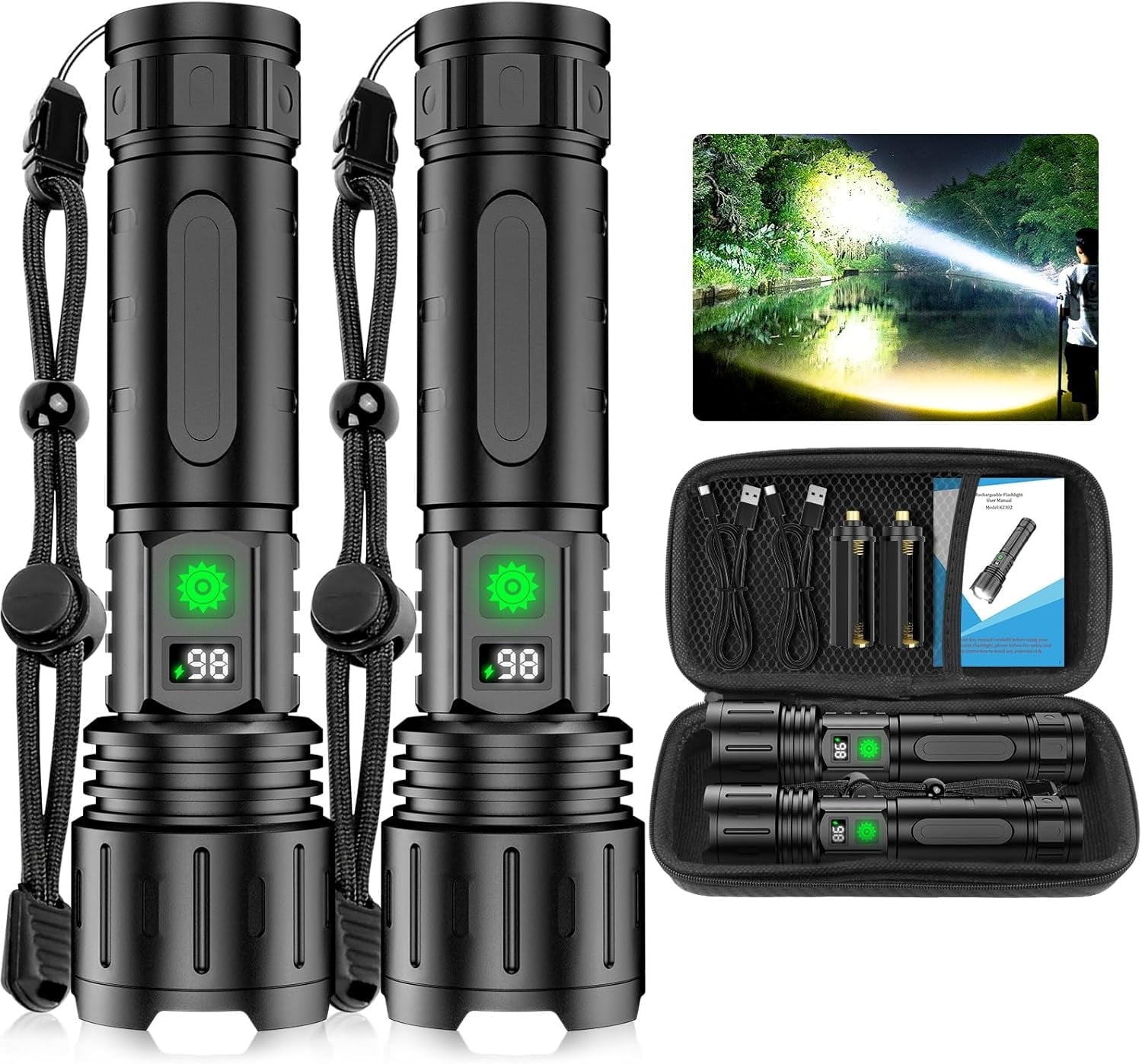 2-Pack 1000 High Lumens Flashlights,Super Bright LED light 5 Modes, Waterproof with Power Display for Outdoor Home Hiking Camping Essentials