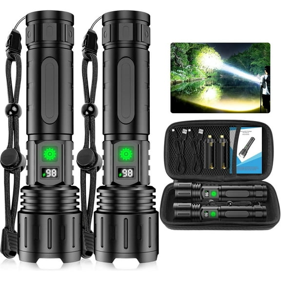 2-Pack 1000 High Lumens Flashlights,Super Bright LED light 5 Modes, Waterproof with Power Display for Outdoor Home Hiking Camping Essentials