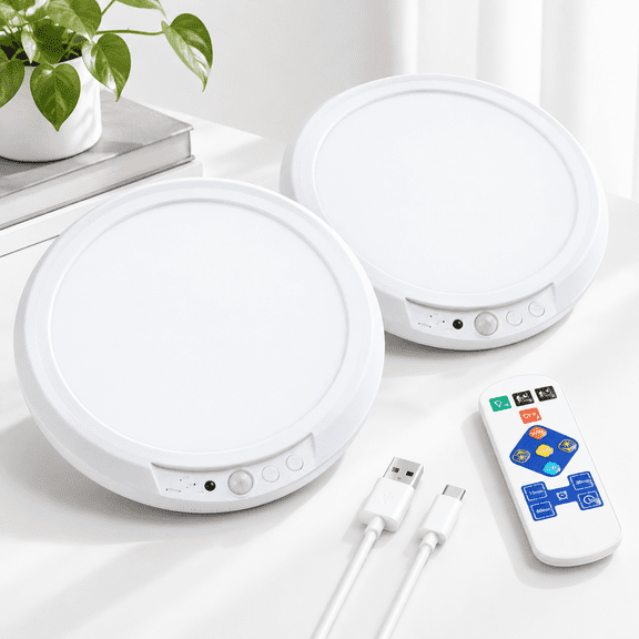 2 Pack Rechargeable LED Ceiling Light with Remote, 7.52 Inch Flush Mount, 3 Color Temperatures