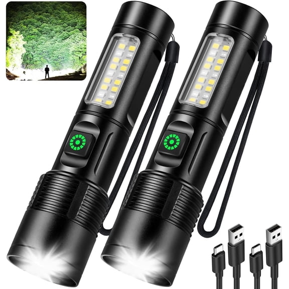 2 Pack Rechargeable LED Flashlight 990,000 Lumens, Adjustable with 5 Modes, IPX7 , Handheld Flash Light for Camping Hiking Use (Black) (S-2P)