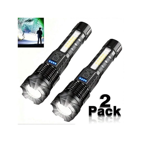 2 Pack Rechargeable LED Flashlight, Super Bright Tactical Flashlight with COB Side Light, Zoomable, Waterproof, USB-C Charging, Power Display, for Camping, Emergency, Outdoor Use