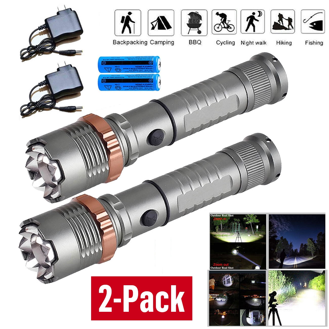 2-Pack Rechargeable LED Flashlights 5 Modes Zoomable 100m Range for Camping Hiking Emergency, Aluminum Alloy 6.5in Tactical Handheld Torch with 18650 Batteries and Dual Chargers Included Outdoor Gear