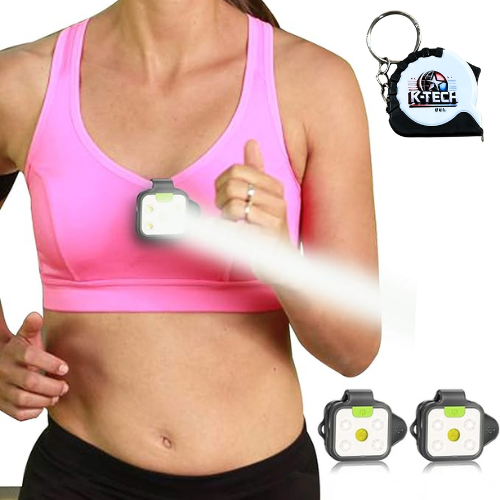 2 Pack Rechargeable LED Running Lights, Clip-On Safety Lights for Night Walking and Outdoor Use, USB Rechargeable Portable Camping Lights, Includes K-Tech USA Measuring Tape