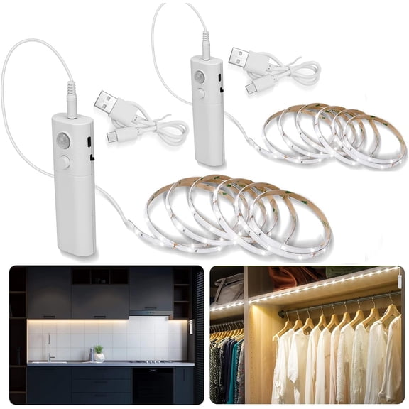 2 Pack Rechargeable LED Strip Lights with Motion Sensor - 2M Cool White LED Closet Light Motion Activated, Under Cabinet Strip Light