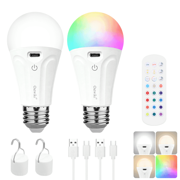 2 Pack Rechargeable Light Bulbs with Remote, Dimmable Battery Operated LED Bulbs for Lamps and Sconces, A19 E26 Wireless Emergency Light Bulb for Power outage Camping Hurricane,15 Colors + 3 Timer