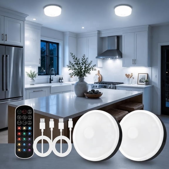 2 Pack Rechargeable Motion Sensor Ceiling Light with Remote, Wireless RGBW Battery Operated Ceiling Lights, Dimmable LED Closet Light for Bathroom, Hallway, Stairs