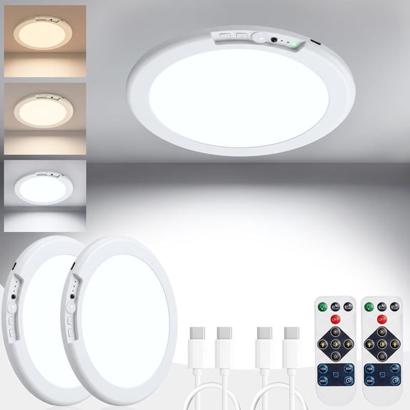2 Pack Rechargeable Motion Sensor Ceiling Lights with Remote, USB-C to USB-C PD Compatible , Dimmable Stick Ceiling Light Closet Light for Pantry Hallway Garage