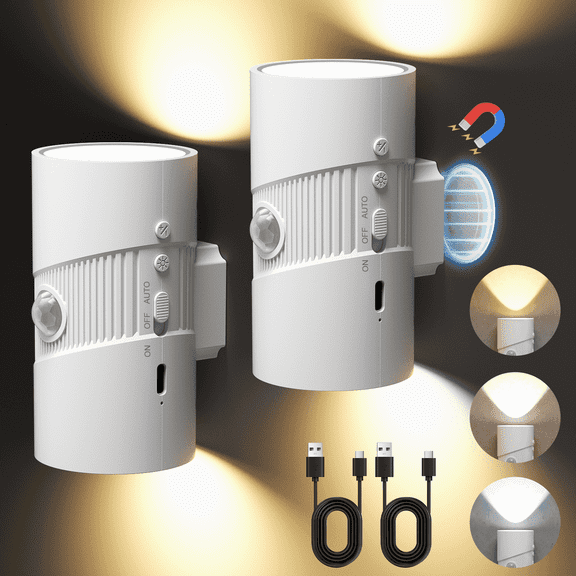 2 Pack Rechargeable Motion Sensor Night Lights, Magnetic Closet Lights, 3 Light Modes, LED with 4 Brightness Levels for Bedroom Hallway Kitchen Stairs