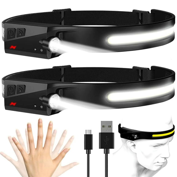 2 Pack Rechargeable Powerful LED Headlamp with 230 Wide Beam and Motion Sensor - Waterproof Outdoor Headlight for Adults