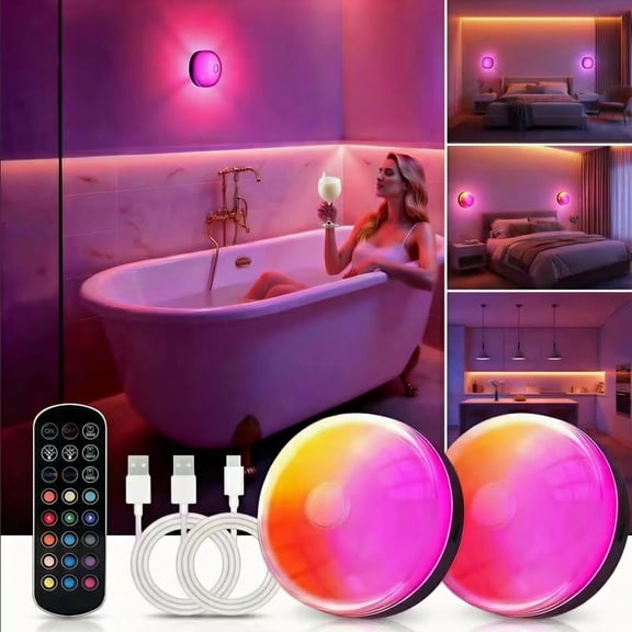 2-Pack Rechargeable RGBW Shower Light, 15 Color Changing Ambient Mood Lamp With Cool White, Battery Operated Magnetic Wall Sconce & Ceiling Light With Remote (Dimmable & Timer) For Bathroom