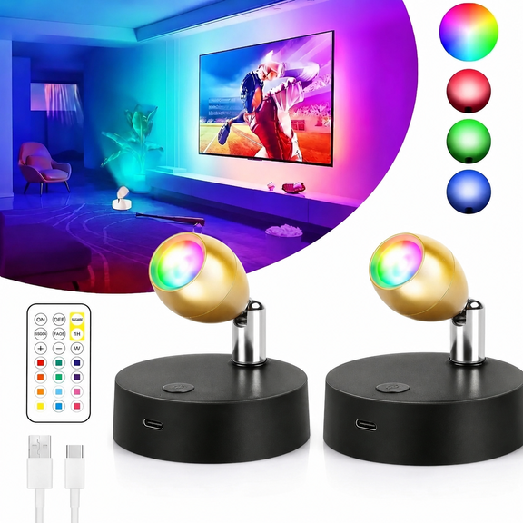 2 Pack Rechargeable RGBW Spot Lights Indoor, Wireless Floor Uplighting with Remote & Timer, 13 Color Changing LED Accent Lights for Plants, Picture Display, Holiday Party and Home Decor