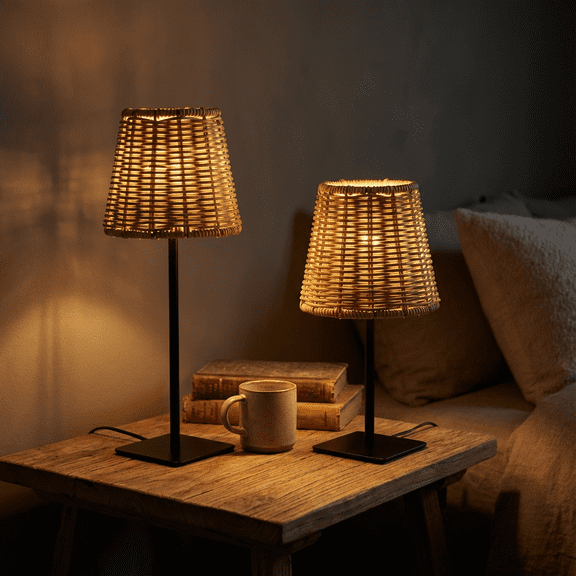 DOLIZU 12" Table Lamp, USB Fast Charging Ports, Wicker Lampshade with Metal Base, For Bedroom, Living Room, Office