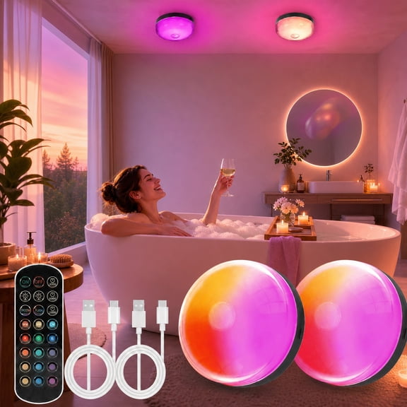 2-Pack RGB LED Bathroom Ceiling Lights, Dimmable Color Changing Flush Mount with Remote Control, Waterproof Ambient Lighting for Shower & Tub
