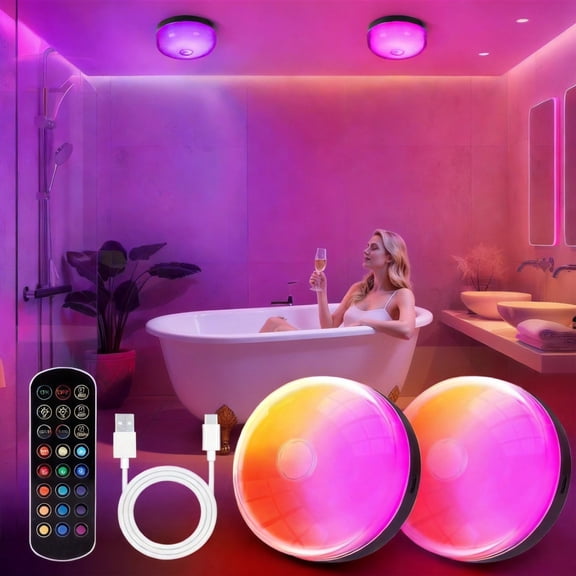 2-Pack Waterproof Shower Lights for Inside Shower, 15 RGBW Color Rechargeable Mood Lighting with Remote(DimmableTimer), LED Wireless Ceiling Light for Bathroom, Closet, Hallway, Stairs, Party Decor