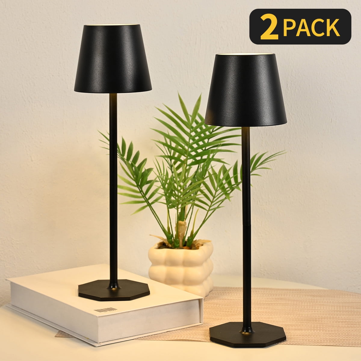 2 Pack Rechargeable Table Lamp - Cordless LED Lamp with 6000mAh Battery Operated LED Desk Lamp, Portable Table Light Outdoor for Dinner Patio Restaurant Bar Bedroom Coffee Shop Night Light(Black)