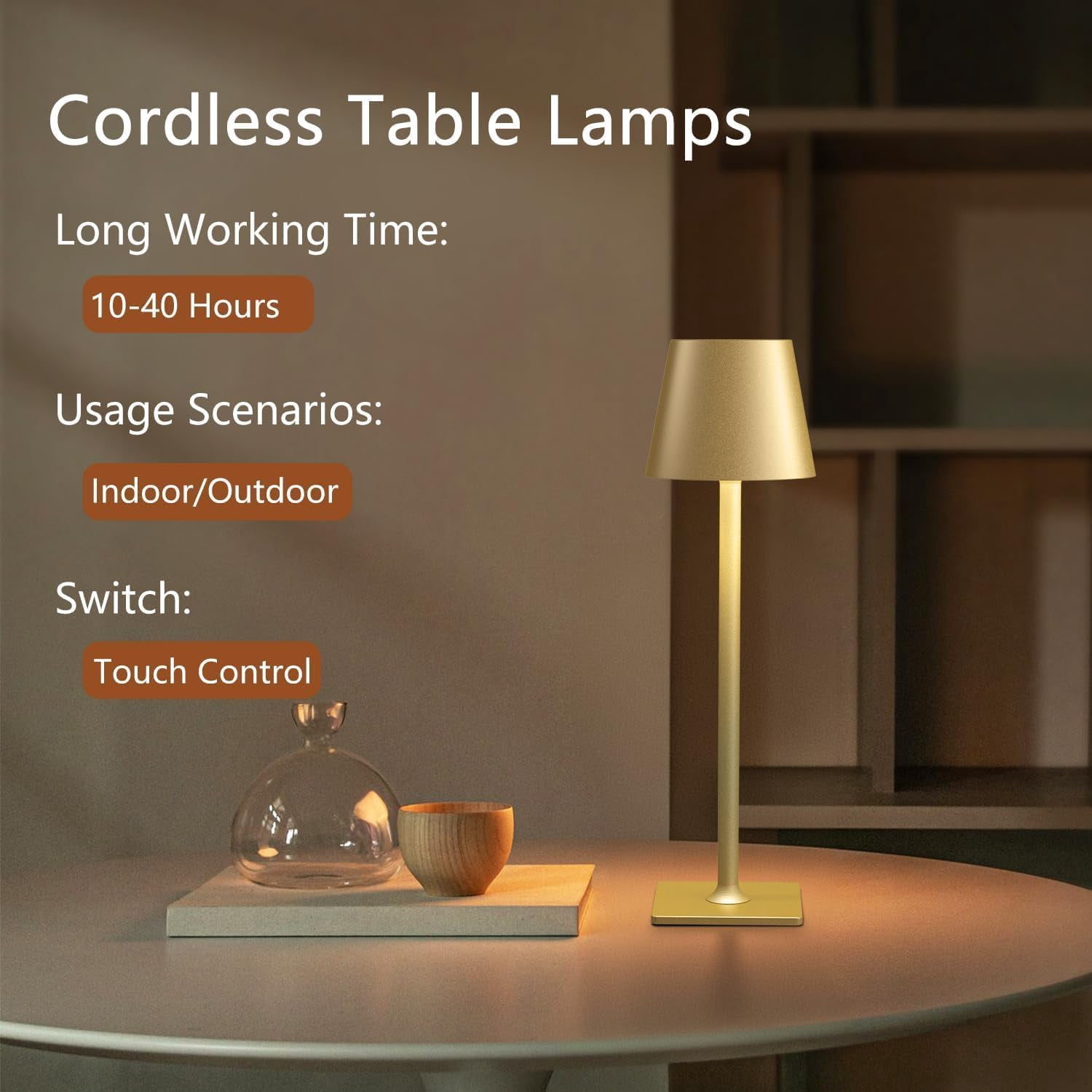 2 Pack Rechargeable Table Lamps, Gold Cordless Lamps - Battery Operated ...