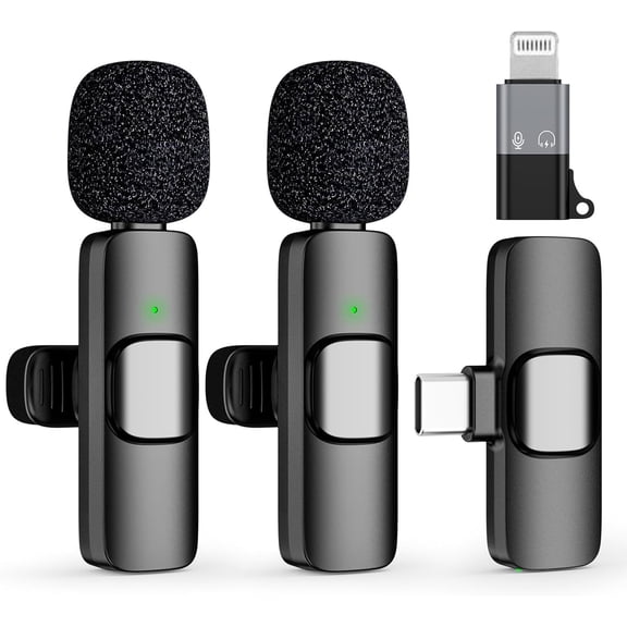 2 Pack Rechargeable Wireless Lavalier Lapel Microphone for Type-c, iOS and Android System-Mini Microphone Noise Reduction,Clip on Mic, for Videointerviews, Podcast, Vlog
