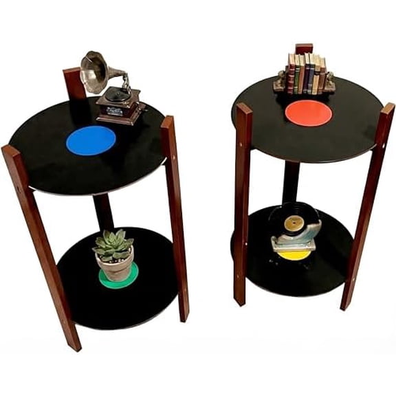 2 Pack Record Player Stand Retro 2-Tier End Table Small Sofa Coffee Side Tables Nightstand Bedside Stand Bedroom Record Holder and Multi-Functional End Table for Living Room$$Furniture