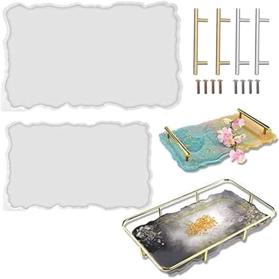 2 Pack Rectangle Silicone Tray Molds for Epoxy Casting, Geode Design with and Handles, 14 Inch Large Size
