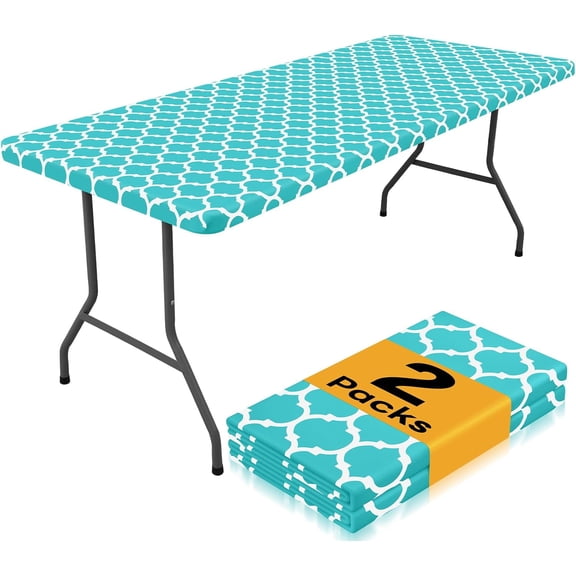 2 Pack Rectangle Table Cloth 4 Foot, Waterproof Elastic Fitted Tablecloths, Windproof Washable Polyester Table Cover for Picnic, Camping, Outdoor (Aqua, 30"x48")