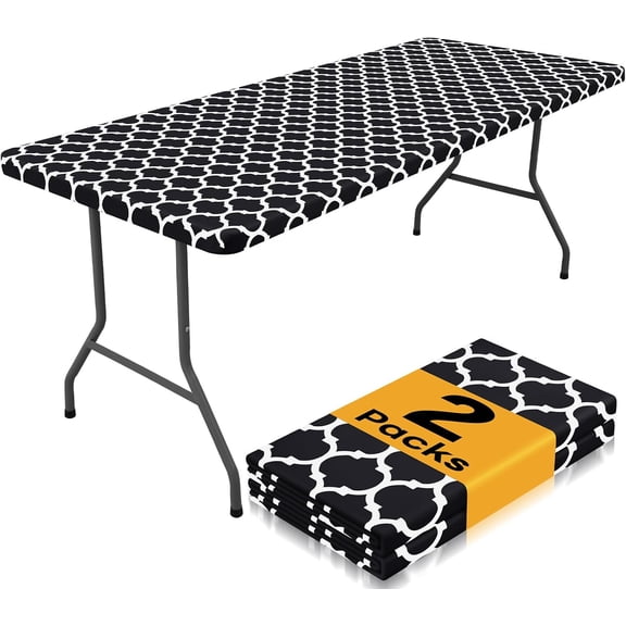2 Pack Rectangle Table Cloth 4 Foot, Waterproof Elastic Fitted Tablecloths, Windproof Washable Polyester Table Cover for Picnic, Camping, Outdoor (Black, 24"x48")