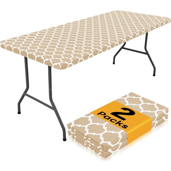 2 Pack Rectangle Table Cloth 4 Foot, Waterproof Elastic Fitted Tablecloths, Windproof Washable Polyester Table Cover for Picnic, Camping, Outdoor (Khaki, 30"x48")