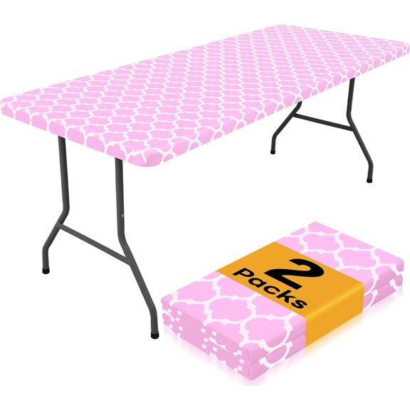 2 Pack Rectangle Table Cloth 4 Foot, Waterproof Elastic Fitted Tablecloths, Windproof Washable Polyester Table Cover for Picnic, Camping, Outdoor (Pink, 30"x48")