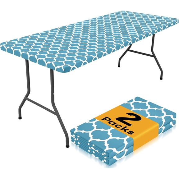 2 Pack Rectangle Table Cloth 6 Foot, Waterproof Elastic Fitted Tablecloths, Windproof Washable Polyester Table Cover for Picnic, Camping, Outdoor (Light Blue, 30"x72")