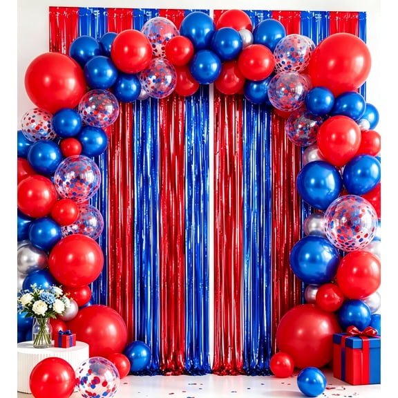 2 Pack Red and Blue Foil Fringe Curtains, Tinsel Streamer Backdrop for Photo Booth, Birthday, Bachelorette, Wedding, Baby Shower, Graduation Party Decorations, 3.3 x 6.6 ft